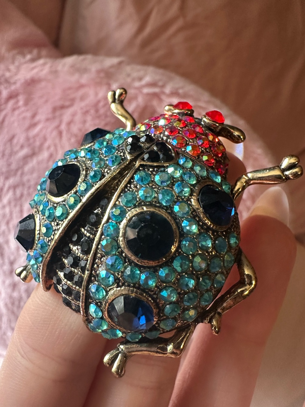 Gold Tone Iridescent Jeweled Beetle Brooch - Picture 9 of 17